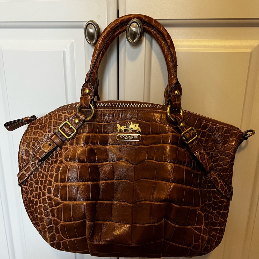 Coach tan alligator print leather satchel